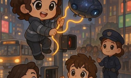 The protagonist is Nova, a young adult woman with a round face, large bright eyes and a determined smile, wearing a short storm-gray jacket with reflective silver trim and curly brown hair held by a screwdriver; she perches on a traffic pole, holding a golden luminous rope that entwines a small drone. The drone, Nocturn-7, is oval and smooth with dark metallic skin and iridescent galaxy patterns, four small blue lights under its belly, immobilized but blinking and confused. Milo, a 12-year-old boy in a blue hoodie with messy hair, watches from the sidewalk waving and holding glowing paper origami. Dr. Sable Kett, about 35, with one shaved side and a white streak, a lab coat stained with ink and solar stickers, stands relieved but concerned near an open control box. A female police officer in her 40s in a dark uniform directs traffic a few meters away, looking toward Nova. The scene is the busy Orion Avenue intersection at night—wide sidewalks, metal street lamps, colorful billboards, buses and cars with warm headlights, shiny painted road lines and water droplets glinting on the asphalt. Main action: Nova suspended on the pole stabilizes the traffic lights with her luminous rope while the small drone wobbles captured; the crowd in the background looks relieved, the mood tense but hopeful.