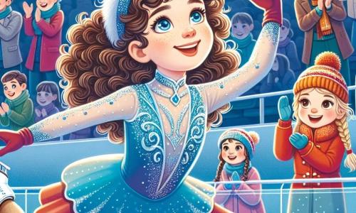 Ein 12-jähriges Mädchen mit lockigem braunem Haar trägt ein glitzerndes Eiskunstlaufkostüm in Blau und Silber. Ihr Gesicht zeigt eine fröhliche Entschlossenheit, während sie eine anmutige Pirouette auf dem Eis ausführt. In der Nähe applaudiert ihre beste Freundin Sophie, ebenfalls 12 Jahre alt, mit geflochtenem blonden Haar, begeistert in einem leuchtend roten Mantel und einer Wollmütze. Ihre Eltern sitzen auf den Tribünen und zeigen stolze Lächeln, die Mutter mit hochgestecktem braunem Haar und der Vater mit einem Schal in den Farben des Teams. Die Szene spielt in einer großen, beleuchteten Eishalle mit funkelnden Lichtern an der Decke und begeisterten Zuschauern rund um die Bahn. Das Eis ist glatt und glänzend, reflektiert die lebhaften Farben der Kostüme der Eiskunstläufer. Die Hauptsituation zeigt das Mädchen, das einen spektakulären Sprung ausführt, mit ausgestreckten Armen und einem freudigen Ausdruck, während die Zuschauer begeistert applaudieren und eine festliche, aufregende Atmosphäre schaffen.