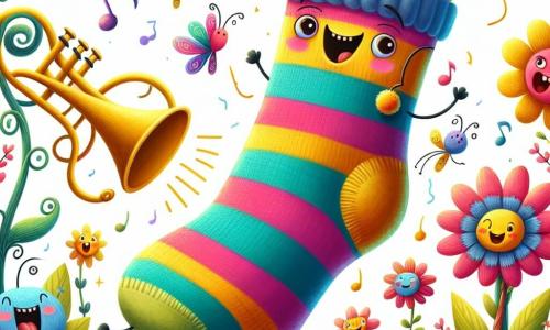 Un calcetín a rayas coloridas, con un pequeño pompón en la punta, danza alegremente en un jardín encantado, mostrando una gran sonrisa de emoción. Sus ojos brillan con picardía mientras se mueve con energía, rodeado de flores cantantes que parecen animarlo. Cerca, una trompeta dorada, con una cara sonriente y ojos redondos, toca una melodía pegajosa, su boquilla brillante reflejando la luz del sol. El jardín es un lugar mágico, lleno de flores coloridas con caras alegres, árboles de ramas retorcidas y mariposas multicolores que vuelan alrededor, creando una atmósfera festiva. La escena principal muestra al calcetín y la trompeta bailando, rodeados de flores cantantes, mientras intentan atrapar un sonido loco que se esconde entre risas y música, creando un ambiente lúdico y absurdo.