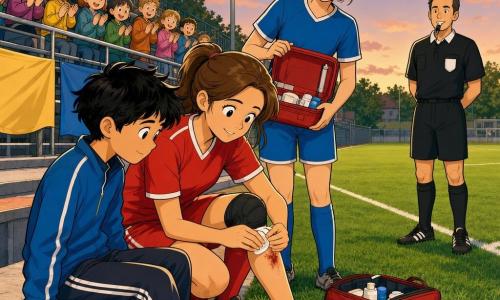 Una futbolista sonriente y decidida, rostro redondo, pelo castaño recogido en coleta, con camiseta roja y rodilleras, arrodillada limpiando y vendando la herida de un niño; el niño de unos 12 años, pelo negro despeinado, pantalón deportivo y rodilla raspada, sentado al borde del campo junto al banquillo, algo preocupado pero aliviado, mira a la jugadora; una compañera adulta (20–25 años), piel clara, short azul, de pie detrás con un botiquín abierto y mirada alentadora; un árbitro adulto con traje negro y silbato observa a unos metros; en las gradas niños y niñas de 6–10 años con ropa colorida aplauden; pequeño estadio de barrio al crepúsculo, césped verde y líneas blancas, gradas metálicas con banderolas y luz cálida de focos que crea sombras suaves; escena de pausa, gesto de cuidado y solidaridad, ambiente cálido y respetuoso, colores vivos y estilo cómic europeo de trazos limpios y texturas suaves, composición centrada en el contacto humano.