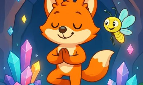 Ein kleiner Fuchs namens Felix mit leuchtend orangefarbenem Fell und neugierigen Augen macht eine Yoga-Pose, steht auf einem Bein und lächelt friedlich. Er befindet sich in einer wunderschönen Höhle, die von funkelnden Kristallen erleuchtet wird, die sanfte und beruhigende Farben ausstrahlen. Neben ihm schwebt eine kleine Glühwürmchen namens Lila mit einem leuchtenden Körper und zarten Flügeln fröhlich in der Luft, ihre Augen strahlen vor Aufregung, während sie ihn anfeuert. Die Höhle ist von glatten Ste Mauern umgeben, die mit Kristallen geschmückt sind, die wie Sterne leuchten, und der Boden ist mit weichem, grünem Gras bedeckt. Felix, konzentriert und entspannt, atmet tief ein, während Lila um ihn herumtanzt und eine magische und friedliche Atmosphäre schafft, die perfekt für das Erwachen zu Gelassenheit und Wohlbefinden ist.