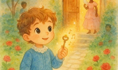 Il protagonista è un ragazzo, il piccolo principe Lino, espressione dolce e meravigliata, capelli castano chiaro ricci, occhi grandi e luminosi, abito di velluto azzurro chiaro con colletto di pizzo; tiene nella mano destra una piccola chiave d’oro scintillante, che è anche un personaggio secondario, minuta come un ciondolo, che brilla ed emette piccole note musicali visibili vicino alla sua mano. In lontananza, sul perroncino, appare una principessa adolescente sorridente in un abito rosa pallido a volant, che guarda il principe con benevolenza tenendo la zampa di un uccello bianco appoggiato sulla spalla. La scena è un giardino di castello al crepuscolo, prato verde punteggiato di rose rosse, viale lastricato in pietra chiara e una grande porta di legno intagliato semiaperta dietro il principe; lanterne dal bagliore dorato sospese ai rami. Il principe apre delicatamente la porta segreta con la chiave d’oro: una luce calda e polvere di stelle fuoriescono, atmosfera magica e tenera, composizione centrata sui personaggi davanti alla porta.