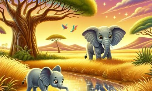 Al centro dell'immagine, Nala, una giovane elefantessa dalle grandi orecchie e dalla pelle grigia morbida, osserva meravigliata il riflesso delle stelle nel fiume che canta. I suoi occhi brillano di curiosità e gioia, mentre si tiene sulle zampe anteriori, pronta a tuffarsi nell'acqua scintillante. Accanto a lei, un vecchio baobab maestoso, con un tronco largo e rami estesi, sembra osservarla con saggezza. Le sue foglie verdi danzano dolcemente al vento, aggiungendo un tocco di magia alla scena. Il luogo è una savana dorata, baciata dalla calda luce del sole al tramonto, dove l'erba alta ondeggia come un mare dorato. Sullo sfondo, dolci colline si delineano sotto un cielo colorato di rosa e arancione, mentre uccelli colorati volano gioiosamente. La scena principale mostra Nala, meravigliata, che scopre la magia della pioggia di stelle riflessa nel fiume, rendendosi conto che la bellezza e la magia risiedono nelle piccole cose della vita.