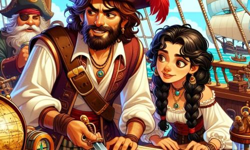 Il personaggio principale, Marco il Coraggioso, è un uomo di circa trent'anni, con capelli castani disordinati e una barba ben curata. Indossa un cappello da pirata decorato con una piuma colorata e una camicia bianca con un gilet rosso. Il suo viso esprime determinazione ed eccitazione, mentre tiene una mappa del tesoro in una mano e una spada lucente nell'altra, pronto per l'avventura. Accanto a lui c'è Luisa, una giovane donna di circa 25 anni, con lunghi capelli neri intrecciati e occhi brillanti di curiosità, che esamina attentamente un mappamondo su un tavolo di legno, circondata da vecchi bussole e binocoli. Più in là, Gianni, un uomo gioviale di quarant'anni, è impegnato a preparare spaghetti di mare in una grande pentola, ridendo e cantando mentre guarda i suoi amici. La scena si svolge sul ponte della 
