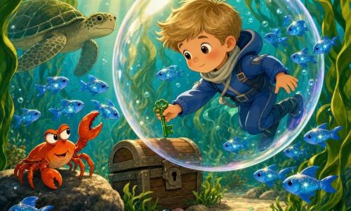 A 6-year-old boy with short sandy hair and a gentle face, eyes wide with wonder, floats inside a large shimmering transparent bubble holding a small green key in his left hand; he wears a blue hooded wetsuit and light scarf, a red-orange hand-sized crab clicks its claws on a rock beside the bubble looking mischievous, a group of sparkling small blue fish (Flicker Fish) swims tightly around the bubble through nearby kelp strands, a calm green-speckled sea turtle glides in the background slightly left for depth, the scene is a waving green kelp forest with sunbeams painting golden bands on pale sand scattered with pink shells and sea glass, and the bubble arrives at the entrance of a small wooden chest nestled among the kelp as the key is ready to be inserted, creating a gentle, wondrous mood.
