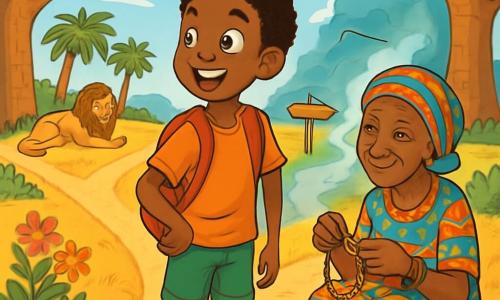 Kofi, um jovem africano de cerca de 12 anos, tem olhos brilhantes e curiosos, um largo sorriso que ilumina seu rosto e cabelos crespos. Ele está em uma encruzilhada, olhando com admiração para o caminho à sua direita, onde a névoa dança misteriosamente. Sua avó, uma mulher idosa de rosto enrugado e sábio, está sentada em uma pedra próxima, vestida com um vestido colorido de tecido tradicional, tecendo pulseiras de contas. Ela sorri para ele com benevolência, encorajando-o a seguir seu coração. O lugar é uma savana dourada, salpicada de majestosos baobás e flores vibrantes, sob um céu azul radiante. Pássaros coloridos voam acima, adicionando vida a essa cena vibrante. Kofi está na encruzilhada, hesitando entre o caminho ensolarado ladeado de palmeiras, a clareira tranquila onde repousa um majestoso leão e o caminho misterioso envolto em névoa, pronto para fazer uma escolha que pode mudar o destino de sua aldeia.