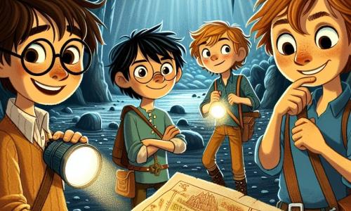 Em uma floresta encantada, quatro amigos estão juntos, prontos para sua aventura. Lucas, um garoto de 9 anos com cabelos castanhos bagunçados e óculos redondos, sorri segurando uma lanterna. À sua direita, Tiago, um garoto de cabelos loiros e olhos brilhantes, observa um velho mapa que desenhou, cheio de caminhos misteriosos. À esquerda, Pedro, um garoto de cabelos castanhos e óculos, aponta para desenhos antigos nas paredes da caverna, maravilhado. Por fim, Miguel, o mais corajoso, com cabelos negros e uma expressão determinada, está à frente deles, pronto para entrar no túnel escuro. O lugar é uma caverna misteriosa, com paredes de pedra rugosa iluminadas pela luz das lanternas, revelando desenhos antigos e sombras dançantes. Estalactites pendem do teto e o chão é coberto de pequenas pedras brilhantes. A situação principal mostra os amigos se preparando para explorar o túnel, um misto de excitação e apreensão em seus rostos, unidos pela amizade e pelo desejo de descobrir os segredos que a caverna guarda.