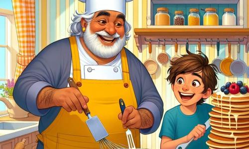 A cheerful chef, a man in his fifties wearing a large white hat and a yellow apron, smiles while mixing pancake batter in a large bowl. He has graying hair and a neatly trimmed beard. Next to him, a 7-year-old boy named Timmy, with messy brown hair and wearing a blue t-shirt, watches in awe as the batter bubbles in the pan. He holds a spatula and looks ready to flip a pancake, his eyes sparkling with excitement. The scene takes place in a warm, sunlit kitchen filled with wooden shelves loaded with colorful spice jars and fresh fruits on the counter. A large checkered curtain lets in sunlight, illuminating the pastel yellow walls. In this main scene, the chef and Timmy are preparing a stack of fluffy pancakes topped with juicy red berries, creating a joyful and friendly atmosphere full of laughter and happiness.