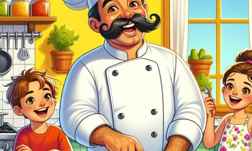 Een blije chef-kok, genaamd Karel, is een man van rond de veertig, met een grote snor en een witte chef-kap. Hij glimlacht breed, zijn ogen stralen van geluk terwijl hij pizzadeeg kneedt op een groot houten werkblad. Naast hem kijkt een 8-jarig jongetje met rommelig bruin haar en een rood T-shirt verwonderd toe, terwijl hij een tomaat in zijn handen houdt. Een ander personage, een 7-jarig meisje in een mooie bloemenjurk met een grote glimlach, voegt stukjes paprika aan een pizza toe, staande op een klein stoeltje om het werkblad te bereiken. De scène speelt zich af in een kleurrijke keuken, vol met kruidenpotten, verse groenten en glanzende keukengerei. De muren zijn felgeel geschilderd en de ramen laten zonlicht binnen, wat de vrolijke sfeer verlicht. Karel en de kinderen bereiden samen pizza's voor, waarbij iedereen zijn favoriete ingrediënten toevoegt, wat een sfeer van kameraadschap en culinaire creativiteit creëert.