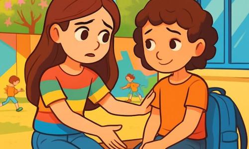 O fată de 10 ani, Maria, cu părul lung și brunet și ochi strălucitori, privește cu o expresie de compasiune și tristețe. Ea poartă un tricou colorat și blugi, stând pe o bancă într-o curte de școală însorită. Lângă ea, Ana, o altă fată de 10 ani, are părul scurt și creț, îmbrăcată simplu și cu un ghiozdan uzat. Ea pare timidă și puțin tristă, privind pe fereastra școlii. Curtea este înconjurată de ziduri vopsite în culori vii, cu copaci înfloriți și copii care se joacă în depărtare. Maria întinde mâna spre Ana, încercând să o includă într-un joc, în timp ce Ana rămâne așezată, ezitantă, cu un zâmbet ușor care începe să apară.