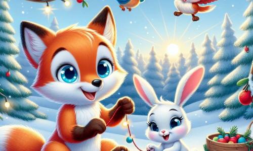 A little orange fox named Felix, with shiny fur and a long snout, is sitting on the snow, his eyes sparkling with excitement as he assembles a beautiful garland of red berries. Next to him, an adorable white rabbit named Lily, with big ears and a look of wonder, holds a berry in her small paws, ready to add it to the garland. In the background, a bright blue bird named Benny, with vibrant feathers, joyfully flies in the blue sky, singing a festive melody. The setting is a snowy forest, with majestic trees covered in glittering snow, and a gentle winter sun illuminating the scene, creating a magical and warm atmosphere. The main situation shows the friends working together to create a special Christmas gift, filled with joy and friendship.