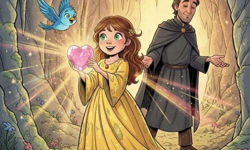 The princess is wide-eyed and brave, round-faced with bright green eyes and light freckles, wearing a flowing yellow dress stained with moss, holding a glowing pink heart-shaped crystal that radiates a warm golden light; Benny, a small joyful blue male bird, flies at her shoulder level with beating wings and an affectionate gaze; Malvado, a middle-aged sorcerer with a softened face and dark coat, stands slightly behind to her right with open hands as if regretful. They are in the Cave of Whispers — sparkling rock walls, fine stalactites, mossy floor dotted with phosphorescent flowers and glittering particles in the air. Main moment: the princess touches the Heart Crystal which sends out warm colorful rays, illuminating the cave, transforming Malvado and prompting Benny to celebrate by flying around; centered composition, warm contrasting colors, clear expressive lines, magical benevolent atmosphere.