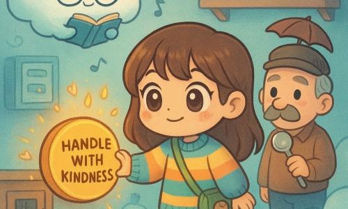 A 10-year-old girl with a round face and very large eyes, wearing an oversized striped sweater, mismatched socks, an empty muffin tin on her belt and a bottle-cap compass in her pocket, smiles bravely as she presses a large saucer-shaped button labeled 