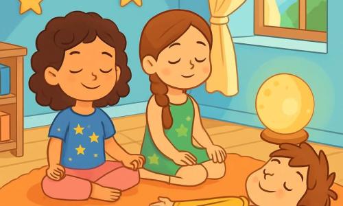 There are three characters: Maya, a 10-year-old girl with curly brown hair and sparkling eyes, wearing a blue t-shirt with stars and pink pants, sitting cross-legged on a soft rug with a serene smile; Lina, a 10-year-old girl with long, smooth hair in a braid, wearing a green floral dress and striped socks, sitting next to Maya with her hands on her knees, eyes closed in meditation; and Theo, a 10-year-old boy with short tousled hair, wearing a yellow sweatshirt and blue shorts, lying on his back with arms and legs spread out like a starfish, looking relaxed. The setting is a cozy room with pastel blue walls, paper stars hanging from the ceiling, a fluffy rug covering the floor, and soft light coming from a moon-shaped lamp. Books are stacked on a wooden shelf, and an open window lets in a gentle breeze that makes the curtains dance. The main scene shows the children practicing yoga poses in a peaceful atmosphere: Maya is in a meditation pose, Lina is stretching forward, and Theo is resting like a starfish. Their faces express tranquility and joy, while a soft golden light envelops them, creating a zen and calming ambiance.