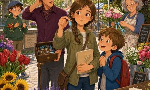 Maya, 12, determined and calm, braid, khaki jacket, beige notebook, holding a pale blue ribbon and small silver charm between thumb and forefinger, centered and confident; Leo, ~7, excited and curious, messy hair, red backpack, slightly behind her right, hands clasped, watching the charm; Mr. Finch, ~60, slim, gray hair, cane against his leg, plum shirt, left of Maya, surprised and sheepish, small open drawer with trinkets; Sam, ~9, ashamed but relieved, cap, red-yellow pinwheel in his pocket, near a fountain bench holding a beaded bracelet with a missing spot; Mrs. Kettle, ~60, gray curly hair, floral apron, smiling, behind a flower stall tying the ribbon around a white-and-pink bouquet; setting: outdoor flower market with paved paths, metal tubs of red tulips, yellow sunflowers, purple lavender, blue-and-white striped awnings, a small stone fountain, scraps of paper and gold glitter; scene: a gentle, friendly revelation as the young investigator presents the ribbon and charm to the vendor and boy, bright, reassuring, centered composition, soft saturated colors, clean vector, childlike style.