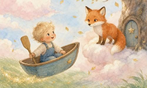 A 2-year-old boy with a round face, rosy cheeks, soft blond locks and big curious smiling eyes holds a small wooden oar as he climbs into a light-blue wooden boat; a gentle red fox with silky fur, white markings and a plume tail stands on a low cloud at the boat's height, watching him like a friend; a small round door set into the trunk of a cloud-tree has a golden star hanging on it and a shiny round key rests on a nearby lantern-branch; the scene shows a glowing sea of gently waving green grass, a pale watercolor blue sky with pink touches, fluffy pink-and-white clouds and drifting tiny golden leaves as the boat slowly flies from the grass toward the waiting cloud—soft, safe adventure in pastel colors with fluid lines and visible watercolor textures.