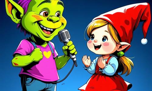 Al centro dell'immagine c'è un troll felice di nome Toto, con la pelle verde brillante e capelli disordinati di colore viola, che sorride ampiamente mentre tiene un microfono. I suoi occhi brillano di felicità mentre si prepara a raccontare una barzelletta. Alla sua destra, Giulia, una gnomina di 8 anni con un cappello a punta rosso e guance rosa, applaude con entusiasmo. Indossa un vestito a pois e ha occhi brillanti di curiosità. A sinistra, il Drago Scoppiettante, un drago colorato con squame scintillanti di blu e oro, si è alzato sulle zampe posteriori, ridendo di cuore, con nuvole di fumo colorato che escono dalle sue narici. Lo scenario si svolge in una grande piazza del Regno dei Sorrisi, circondata da case di caramelle multicolori e grandi alberi di zucchero filato, sotto un cielo blu brillante punteggiato da nuvole a forma di marshmallow. La scena principale mostra Toto pronto a raccontare una barzelletta a un pubblico entusiasta, pronto a far ridere tutti i suoi amici in un'atmosfera festosa e gioiosa.