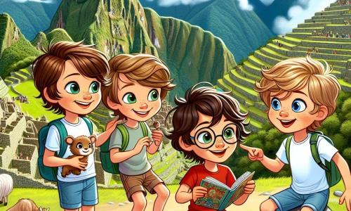 Four ten-year-old boys stand at the heart of Machu Picchu, surrounded by majestic green mountains. Max, with brown hair and sparkling eyes, smiles while holding a small stone pendant, while Leo, with messy blonde hair and a red t-shirt, points at a curious llama watching them. Oliver, wearing round glasses and having brown hair, flips through a book about Inca history while sitting on a flat stone. Finally, Finn, the youngest with curly hair and a mischievous smile, mimics the llama's expressions, making his friends laugh. The environment is spectacular, with ancient stone terraces stretching as far as the eye can see, adorned with colorful flowers, and clouds gently floating around the mountain peaks. The sky is bright blue, and a rainbow sparkles on the horizon after a light rain. The scene captures the moment the boys discover the pendant, symbolizing their adventure and friendship while marveling at the hidden treasures of this historic site.