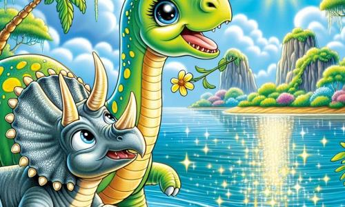 Daisy, a young long-necked diplodocus, stands by a sparkling river, her big eyes shining with excitement and curiosity. Her body is a soft green, dotted with yellow spots, and she leans slightly forward, ready to dive into adventure. Next to her, Toby, a triceratops with a massive skull and three sharp horns, looks on with a mix of apprehension and enthusiasm. He is a soft gray, with scales that shimmer in the sun, nibbling on a leaf while watching the river. In the background, a mysterious island emerges, shrouded in mist, with brightly colored trees and giant flowers swaying in the wind. The sky is a bright blue, dotted with fluffy clouds, and the sun shines, creating sparkling reflections on the water. The scene captures the moment when Daisy and Toby are about to cross the river to explore the mysterious island, filled with anticipation and joy, surrounded by the wild beauty of their prehistoric world.
