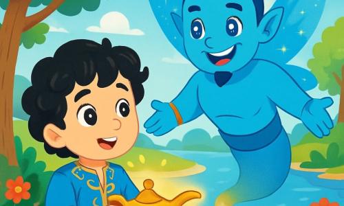 Aladdin, un băiat tânăr cu părul negru și creț, poartă o tunică albastră împodobită cu motive aurii. Fața lui exprimă curiozitate și uimire, în timp ce freacă o lampă veche, înconjurat de o lumină aurie. Lângă el, un mare duh cu aripi strălucitoare și ochi sclipitori ca stelele plutește în aer, pregătit să-i îndeplinească dorințele. Duhul are o piele de un albastru strălucitor și un zâmbet cald, cu brațele deschise ca să-l primească pe Aladdin. Scena se desfășoară pe malul unui râu cu ape cristaline, unde flori colorate împodobesc țărmul și copaci măreți se ridică în fundal, cu frunzele dansând în bătaia vântului. Cerul este de un albastru strălucitor, presărat cu nori pufoși. Aladdin, uimit, descoperă magia lampii, în timp ce duh, cu o atitudine prietenoasă, îi propune să-i îndeplinească prima dorință, creând o atmosferă de mister și aventură.
