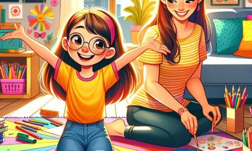 Uma menina de 10 anos, com longos cabelos castanhos e óculos redondos, sorri alegremente, sentada em um tapete colorido na sala. Ela usa uma camiseta amarela vibrante e um short jeans, cercada por livros de capas brilhantes. Ao lado dela, sua mãe, uma mulher de cerca de trinta anos com cabelos castanhos e um sorriso caloroso, prepara folhas coloridas para um projeto criativo. O ambiente é uma sala iluminada, decorada com desenhos de crianças nas paredes e um grande tapete macio, com raios de sol filtrando pelas cortinas. A situação principal mostra a menina e sua mãe criando cartões de papel para um festival japonês, cheias de empolgação e criatividade, cercadas por lápis e canetinhas coloridas.
