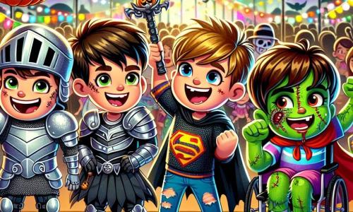 In the center of the image, four friends stand on a Halloween festival stage. On the left, Sam, a 10-year-old boy, wears shiny armor and a knight's helmet, brandishing a plastic sword with a big smile. To his right, Leo, a 9-year-old boy, is dressed as a pirate with a black hat, striped shirt, and a toy saber, laughing joyfully. Next to Leo, Jamie, an 8-year-old girl, is transformed into a zombie with green makeup and torn clothes, making a funny face. Finally, on the right, Finn, a 10-year-old boy in a wheelchair, wears a red superhero cape and mask, smiling enthusiastically. In the background, the scene is a lively Halloween festival, with illuminated orange lanterns, colorful candy stands, and children in costumes dancing and playing. Spider web decorations and smiling pumpkins add a festive and magical atmosphere. The main focus shows the friends on stage, showcasing their costumes to the audience with joyful expressions, while a friendly ghost, Boo, floats happily above them, adding a touch of magic to the festive scene.