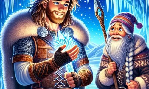 Een jonge Viking genaamd Eirik, ongeveer 18 jaar oud, staat trots in het midden van de afbeelding. Hij heeft lang, bruin haar, een goed verzorgde baard en draagt een leren harnas versierd met Noordse motieven. Zijn gezicht straalt vastberadenheid en verwondering uit, met heldere ogen die het licht van de sterren weerspiegelen. In zijn rechterhand heft hij een fonkelende zard, zijn magische wapen, dat een zachte, gouden gloed uitstraalt. Naast hem staat een wijze oude vrouw van ongeveer 70 jaar met lange, gevlochten grijze haren en een vriendelijk, gerimpeld gezicht, die Eirik aanmoedigt met een glimlach. Ze draagt een dikke wollen jurk en houdt een gesculpteerde houten staf vast, iets op de achtergrond, als een spirituele gids. De achtergrond is een majestueuze ijsgrot met fonkelende stalactieten en diepblauwe muren, verlicht door het licht van Eiriks zard. Buiten vallen zachte sneeuwvlokken, wat een magische en vredige sfeer creëert. De hoofdscène toont Eirik die het magische zard ontdekt, met een mix van opwinding en respect. Hij heft het wapen boven zijn hoofd, klaar om zijn lot te omarmen, terwijl de oude vrouw hem aanmoedigt met een wijze blik.