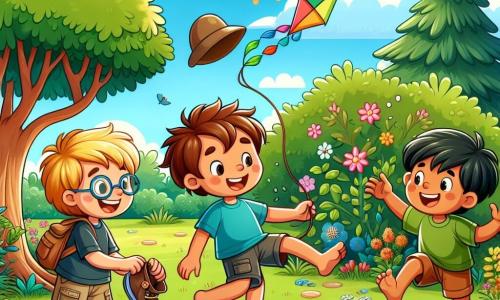 Tres amigos se reúnen en un jardín soleado. Tomás, un niño de 8 años con cabello castaño desordenado y una camiseta azul, mira preocupado su pie descalzo, dándose cuenta de que ha perdido su calcetín. A su lado, Lucas, un niño de 7 años con cabello rubio y gafas redondas, sonríe sosteniendo un gran sombrero de explorador. Miguel, un niño de 9 años con cabello negro y camiseta verde, salta de alegría, sosteniendo una cometa colorida que han hecho juntos. El jardín está lleno de flores brillantes, grandes árboles con hojas verdes y un cielo azul claro con algunas nubes blancas. En el centro, un gran árbol majestuoso se alza, mientras un pequeño arbusto se esconde detrás, listo para revelar secretos. Los tres amigos, con expresiones de determinación y emoción, buscan juntos el calcetín perdido, mientras preparan su cometa para atrapar el viento, rodeados de risas y una atmósfera alegre, listos para vivir una aventura inolvidable.