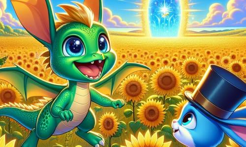 Fiammetta, un piccolo drago dalle squame verdi brillanti come smeraldi e dagli occhi scintillanti, vola felicemente in un campo di girasoli dorati, il suo sorriso radioso di eccitazione e curiosità. Accanto a lei, Binky, un coniglietto blu con un cilindro, guarda Fiammetta con ammirazione, le sue grandi orecchie ritte e un sorriso malizioso sul viso. Lo sfondo è un vasto campo soleggiato, punteggiato di girasoli che danzano al vento, sotto un cielo azzurro splendente, dove nuvole soffici fluttuano dolcemente. In lontananza, un portico scintillante, simbolo della Fiera del Tempo, emette luci colorate, aggiungendo un tocco magico. La scena mostra Fiammetta e Binky che discutono con entusiasmo, circondati da creature meravigliose, pianificando la loro prossima avventura nel tempo, mentre lampi di luce emanano dal portico, promettendo viaggi straordinari.
