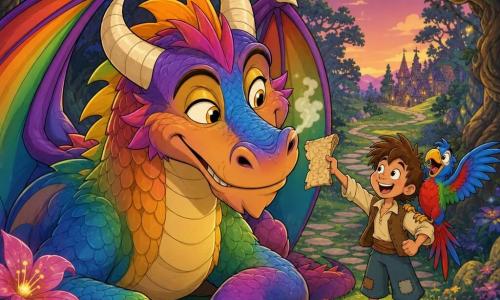 Een grote kleurrijke draak, Drako, glimlachend en guitig, met regenboogachtige glanzende schubben, fonkelende gouden ogen en een pluimpje rook uit zijn neusgaten, zacht op de grond gezeten met geplooide vleugels, parelmoerachtige gebogen hoorns en vriendelijke zware poten terwijl hij zijn kop kantelt; Finn, een jongen van ongeveer 8 jaar met warrig haar en een blij gezicht, staat op een kleine heuvel voor Drako en houdt enthousiast een verkreukeld perkament (zijn "contract") omhoog; Karel, een kletskous van een papegaai met felblauwe, groene en rode veren, zit op Finns rechterschouder en roept terwijl hij met zijn vleugels trilt; locatie: een open plek in het Woud van Verwondering met smaragdgroen gras, grote glinsterende bloemen, gedraaide boomstammen, zwevende vuurvliegjes en een met mos begroeid stenen pad naar het dorp; hoofdgebeurtenis: warm en grappig moment waarin de draak het avontuur net heeft geaccepteerd, schemerige gloed, verzadigde kleuren en ronde, overdreven expressies in de stijl van een jaren 90 tekenfilm.