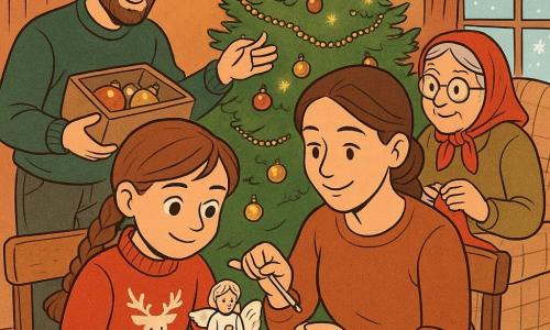 O fetiță de 8 ani, fericită și concentrată, cu părul castaniu împletit și ochi mari, poartă un pulover roșu cu reni și ține delicat un înger de porțelan cu o aripă reparată manual; lângă ea stă mama (30–35 ani), zâmbitoare, aplicând cu un tampon lac, iar tatăl (35–40 ani), cu barbă scurtă, oferă o cutie cu ornamente pentru brad; bunica (≈70 ani), mică și binevoitoare, cu eșarfă roșie și ochelari rotunzi, croșetează pe-un fotoliu lângă brad. Loc: salon cald de Crăciun, brad mare cu ghirlande aurii și lumini calde, fereastră înghețată cu fulgi afară, masă de lemn cu borcane de fursecuri și tuburi de lipici. Situație: moment intim și vesel de reparare și decorare în familie, atmosferă cozy, culori calde şi texturi de lemn și porțelan vizibile.