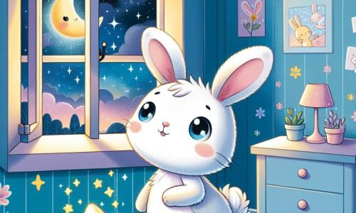Un pequeño conejo llamado Lucas, con un suave pelaje blanco, grandes orejas y ojos brillantes, está frente a su ventana, mirando el cielo nocturno con curiosidad y asombro. Tiene una ligera sonrisa en su rostro, mostrando que comienza a superar su miedo a la oscuridad. A su lado, una pequeña estrella dorada, sonriente y centelleante, flota en el aire, iluminando la habitación con una suave luz. La estrella parece amistosa y alentadora, como si tranquilizara a Lucas. La escena transcurre en la habitación de Lucas, decorada en colores pastel, con paredes adornadas con dibujos de animales y flores. La ventana está abierta, dejando entrar una brisa fresca, y afuera, el cielo está salpicado de estrellas brillantes, creando una atmósfera mágica y reconfortante. Lucas, de pie frente a la ventana, comienza a imaginar historias maravillosas sobre las estrellas, dándose cuenta de que la noche puede ser hermosa y llena de sorpresas.