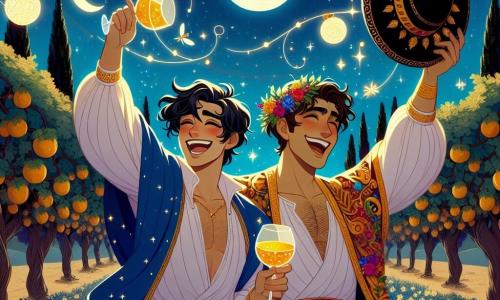 Bajo la luz de la luna, Hermes, un joven de unos 25 años, se encuentra en el centro de la escena, vestido con una capa azul brillante que ondea ligeramente al viento. Su rostro está iluminado por una amplia y alegre sonrisa, sus ojos brillan de curiosidad y emoción mientras sostiene un sombrero negro adornado con motivos dorados, el tesoro que obtuvo de Hades. A su lado, Dionisio, un hombre jovial de unos 30 años, lleva una túnica colorida y una corona de vides, riendo a carcajadas mientras levanta una copa de vino. Se sitúa ligeramente detrás, rodeado de vides exuberantes y frutas doradas, añadiendo un toque festivo a la atmósfera. El lugar es un claro encantador, bordeado de vides repletas de racimos de uvas, bajo un cielo estrellado donde la luna brilla intensamente. Lámparas en forma de luciérnagas flotan alrededor, creando un ambiente mágico y cálido. La escena principal muestra a Hermes triunfante, celebrando su victoria tras recuperar el sombrero de Hades, mientras Dionisio lo anima con entusiasmo, prometiendo una fiesta inolvidable.