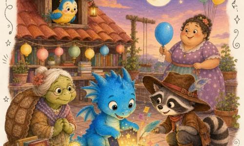Un pequeño dragón azul brillante (protagonista), alas cortas y cola luminosa como linterna, rostro redondo y ojos grandes y curiosos, agachado delante de una pequeña caja estrellada que abre con una pata; a su derecha un ratón‑murciélago/amigo (Nico) con botas y gran sombrero marrón, sonrisa pícara y mirada alentadora, tendiendo una pluma como para ayudar a abrir la caja; a la izquierda una vieja tortuga (señora Tortuga) con caparazón texturado tipo pergamino, aire dulce y orgulloso, sentada junto a una caja de libros; al fondo, una mamá Pájaro pequeña y redonda, plumaje amarillo y azul, posada en el borde de una buhardilla, observando con atención; Doña Luma, vendedora rellenita con vestido de lunares y un gran ramo de globos pastel, algo atrás sosteniendo un globo azul con una nota en el nudo; tejado‑terraza de biblioteca con tejas rojas y buhardilla de madera, estanterías bajas con libros y cuadernos, farolillos de papel, cielo crepuscular con primeras estrellas y luna, macetas y una pequeña hamaca; escena centrada en la apertura colectiva de la caja estrellada que emite un suave resplandor dorado y deja volar papeles y dibujos coloridos, rostros iluminados, ambiente cálido y pacífico, paleta de color pastel y cálida, texturas de papel y lápiz, estilo ilustrativo naïf y alegre.