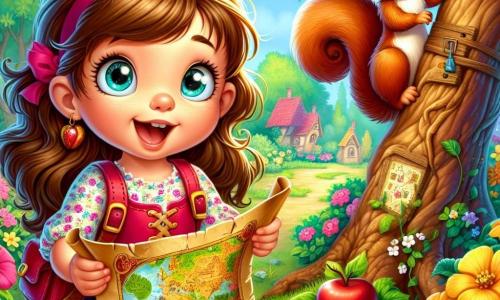 Ein kleines Mädchen von 4 Jahren, Lina, mit langen braunen Haaren und neugierigen, funkelnden Augen, hält eine glänzende Schatzkarte in ihren Händen. Sie trägt ein buntes Blumenkleid und einen kleinen roten Rucksack. Ihr Gesicht zeigt Aufregung und Staunen. Neben ihr klettert ein schelmisches Eichhörnchen mit lebhaften Augen und rotem Fell am Stamm eines großen Baumes und beobachtet Lina interessiert. Der Garten ist voller leuchtender Blumen, üppigem grünem Gebüsch und einem alten Apfelbaum mit Ästen voller roter Äpfel. In der Mitte dieser Szene beugt sich Lina begeistert, um die Karte zu betrachten, bereit für das Abenteuer, während ein bunter Schmetterling um sie herumfliegt und der Atmosphäre einen Hauch von Magie verleiht.