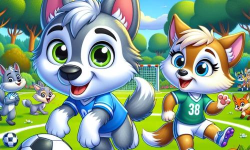 Lupo, un pequeño lobo de ojos brillantes y pelaje gris plateado, se encuentra en el centro de un campo de fútbol, con una amplia sonrisa en su rostro, rebosante de entusiasmo y determinación. Lleva una camiseta azul y corre hacia el balón, listo para marcar un gol. A su lado, Lupa, una joven loba con pelaje marrón claro y ojos chispeantes, salta de alegría, con las orejas erguidas, mostrando gran orgullo. Ella lleva una camiseta rosa y se prepara para animar a Lupo. Al fondo, Osa, una osa de pelaje dorado, está preparando un refrigerio en una mesa de madera, rodeada de frutas coloridas y pasteles, con una cálida sonrisa en su rostro, feliz de participar en el evento. El campo de fútbol es verde, rodeado de majestuosos árboles y un cielo azul brillante, donde flotan suavemente algunas nubes blancas. Animales de diferentes especies, como zorros y conejos, se han reunido alrededor del campo, aplaudiendo y animando a los jugadores. La escena representa un momento alegre donde todos los animales, independientemente de su género, se divierten juntos, jugando al fútbol y preparando refrigerios, ilustrando el espíritu de igualdad y camaradería.