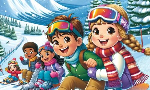 Luca, un ragazzo di 11 anni con i capelli castani e un sorriso splendente, è in cima alla discesa, pronto a scivolare sulla neve. Alla sua destra, Sara, la sua migliore amica, lo incoraggia con entusiasmo. Dietro di loro, Lisa, un'altra ragazza di 11 anni con i capelli castani e una sciarpa rossa, ride in attesa del suo turno, mentre due altri amici, un ragazzo e una ragazza, sono un po' più in là, impazienti di partecipare alla discesa. Lo scenario è una magnifica montagna innevata, con abeti coperti di neve scintillante e un cielo blu chiaro. La pista da sci è ampia e ben battuta, circondata da fiocchi di neve che cadono dolcemente, creando un'atmosfera magica e gioiosa. La scena rappresenta il momento in cui il gruppo si lancia insieme sulla pista, i loro sci che scivolano sulla neve, i volti illuminati dalla gioia e dall'eccitazione della discesa sincronizzata, simboleggiando lo spirito di squadra e l'amicizia.