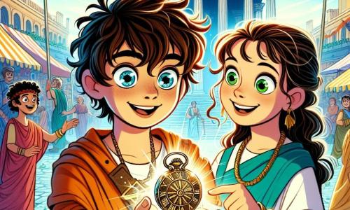 An 11-year-old boy, Oliver, with messy brown hair and sparkling curious eyes, stands at the center of the image, holding a shimmering old pocket watch in his hands. His face expresses wonder and excitement as he looks around with great curiosity. Beside him is a 12-year-old girl named Livia, with long curly hair and bright green eyes, smiling as she points to a magnificent Roman building in the background. She wears a colorful tunic and seems full of energy, ready to share her knowledge about the ancient world. The setting is a bustling square in a Roman city, with majestic columns, colorful market stalls selling fruits and spices, and citizens in togas happily chatting. The sky is bright blue, and flags flutter in the wind, adding a festive touch to the scene. The main situation shows Oliver and Livia discovering the power of the pocket watch together, as a golden light emanates from the object, illuminating their amazed faces. They are surrounded by the vibrancy of Roman life, symbolizing a blend of adventure and discovery in their journey through time.