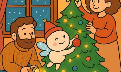 Pip, een klein rond figuurtje met fonkelende vleugels en een belletje op zijn muts, glimlacht vrolijk. Hij hangt een rode bal aan een verlichte kerstboom. Naast Pip helpt papa, een warme menselijke figuur met een zachte baard en een wollen trui, door een kleine zaklamp vast te houden. Hij hurkt naast Pip en glimlacht vriendelijk. Mama, een zachte moederlijke figuur met krullend haar, staat naast de boom en hangt een glanzende ster op. Ze kijkt trots naar Pip. De scène speelt zich af in een knusse woonkamer, verlicht door lichtslingers en kaarsen, met een raam dat zachtjes vallende sneeuwvlokken buiten toont. De sfeer is warm en feestelijk, vol levendige kleuren en fonkelende lichten.