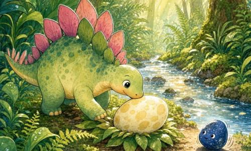 Ein kleiner, rundlicher Stegosaurus mit fächerförmigen Rückenplatten in Rosa und Grün wirkt sanft und entschlossen und schiebt mit der Schnauze behutsam ein großes cremefarbenes, blassgelb gesprenkeltes Ei, das etwas einsam, aber beruhigt auf einem Blattkissen am Ufer eines funkelnden Baches liegt; ein kleiner, glänzender Kiesel namens Sternenstein, mit mitternachtsblauer Farbe und silbernen Funken, rollt neugierig ein paar Schritte entfernt; die Szene spielt in einem Gewirr hoher Farne und großer smaragdgrüner Blätter mit goldenen Sonnenstrahlen, und zeigt vor allem den Stegosaurus, wie er das Ei liebevoll und ruhig ins Blätternest zurückführt, umgeben von glitzernden Wassertropfen und weicher Moosstruktur.