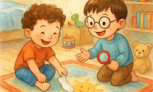 Two nearly three-year-old boys in a bright morning children’s bedroom: Max (curly chestnut hair, round face) sits on a light-wood floor by a colorful sun-and-cloud rug, one foot socked and gently pulling a small white sock from under the rug; Leo (straight brown hair, large round glasses) kneels to Max’s right, smiling, one hand poised to clap and the other holding a red plastic magnifying glass; low bed with a crumpled sky-blue blanket, an open toy box with a few toys and a small beige teddy near the rug; joyful discovery scene centered on the boys, warm pastel watercolor tones with soft splashes around the edges.