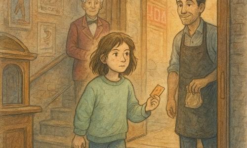 A calm but determined 12-year-old girl with a round freckled face and messy mid-length brown hair, wearing a light green oversized sweater and worn jeans, holding a small shiny movie ticket in her right hand and a tote bag full of books at her feet, steps toward the slightly open door of an old cinema; about 70-year-old Mr. Penn in a burgundy usher jacket embroidered with glowing thread and popcorn-gray hair stands on the mezzanine at the top of the stairs with a kind, tired look watching her from inside; Corvin, a 30-year-old chestnut seller in a black apron stained with coal and sugar and olive skin, has stepped out of a poster and stands at the edge of the lobby holding a small bag of chestnuts with a sly smile; the setting is the lobby of an Art Deco cinema with peeling brick walls covered in animated posters, a worn red carpet, a polished wooden ticket booth, warm light filtering from a large screen at the back and a cracked neon sign visible through the open door; main situation: the girl enters the living cinema to awaken the sleeping town — magical yet intimate mood, contrasting golden dust and bluish shadows, textured details like poster paper grain, velvet seats and a brass doorknob ring.