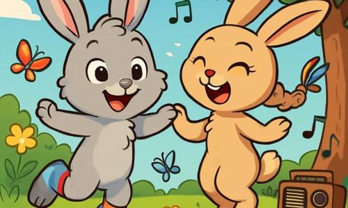 Pip, a small rabbit with large ears and soft gray fur, joyfully dances in a sunny garden, a wide smile on his face and sparkling eyes full of excitement. He wears colorful striped socks that slide on the green grass. Junie, his sister with light brown fur and bright eyes, stands next to him, laughing heartily with a joyful and mischievous expression, her long ears perked up. She has a pretty braid adorned with a colorful ribbon fluttering in the wind. The garden is filled with vibrant flowers, fluttering butterflies, and an old wooden radio under an apple tree, playing catchy music. The scene depicts Pip and Junie dancing together, surrounded by laughter and colors, celebrating their bond and joy of living together.