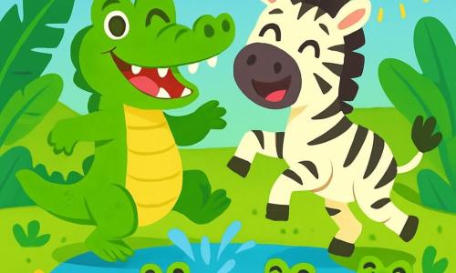 A joyful crocodile with shiny green skin and big sparkling eyes dances by a pond, its white teeth gleaming in the sun. It has a wide smile and looks very amused. Next to it, a black and white striped zebra with a tousled mane jumps energetically, laughing heartily. The pond is surrounded by large tropical leaves and colorful flowers, while green laughing frogs dance around them. The scene is filled with joy and laughter, with splashes of water flying through the air, creating a festive and fun atmosphere.