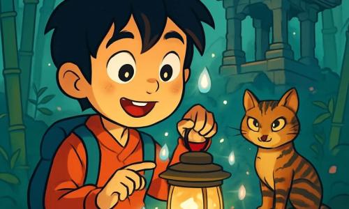 Haru, a ten-year-old boy with tousled black hair and sparkling curious eyes, stands in front of an old ruined temple, a look of wonder on his face. He holds an ancient lantern, its soft light illuminating his face with golden reflections. Nearby, a stray cat with bright green eyes and a striped coat watches Haru mischievously, sitting on a moss-covered stone. The setting is a dense bamboo forest, where slender stalks sway gently in the wind, creating a magical atmosphere. The ground is scattered with dead leaves and cherry blossom petals, while a light mist envelops the landscape, adding a touch of mystery. The main scene shows Haru, fascinated, touching the magical lantern, as sparkling tears seem to float around him like shooting stars, revealing an enchanted world awakening around him.
