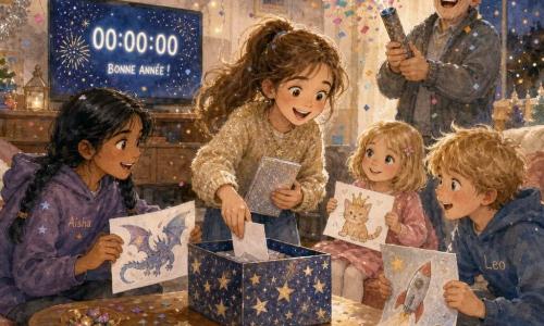 A 10-year-old girl (Maya) with brown hair in a ponytail, radiant face and bright eyes, excitedly slides a letter into a small star-decorated box while holding a silver glitter notebook; her friend Aisha, 10, with braided black hair and a mischievous grin, adds a drawing of a dragon from the left; Leo, 10, with tousled blond hair, crouches on the right showing a rocket drawing; Lily, 5, with short blond hair, shy but happy, sits on a pouf offering a crowned cat drawing; a grandfather in his 70s with gray hair and round glasses laughs and holds a confetti popper in the background; a warm party living room with silver garlands, string lights, colorful balloons, a TV countdown and multicolored confetti fills the air as confetti bursts at midnight and the children gather around the star box, faces lit by warm light in a soft, luminous watercolor style.