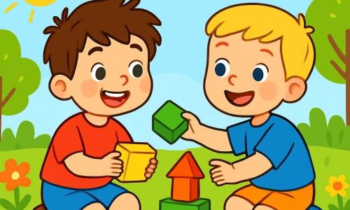A 6-year-old boy, Sam, with messy brown hair and sparkling eyes, is sitting on the green grass. He is wearing a bright red T-shirt and blue shorts, smiling with rosy cheeks while holding a yellow block in his small hands. Next to him, his best friend Max, also 6 years old with blonde hair and blue eyes, is reaching out with a big smile while holding a green block. They are surrounded by colorful blocks scattered around them. The scene takes place in a sunny garden filled with colorful flowers and green trees under a clear blue sky. Sunlight illuminates the scene, creating a cheerful and friendly atmosphere. Sam and Max are rebuilding a block tower, laughing together and sharing a moment of closeness, illustrating the beauty of friendship.