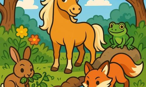 Willow, a beautiful mare with a golden coat and flowing mane, proudly stands by a sparkling spring, her gaze determined and joyful. Next to her, Hazel, a small bunny with big ears and brown fur, nibbles on brambles, her eyes sparkling with excitement. Nearby, Finn, a green frog with bright eyes, watches attentively, ready to offer advice, while Ember, a clever fox with a fiery coat, skillfully digs the ground to clear the way. The setting is an enchanted clearing surrounded by tall, gnarled trees, with colorful flowers dancing in the breeze and a bright blue sky dotted with fluffy white clouds. The main scene shows Willow and her friends united in a collective effort to free the water from the spring, their faces glowing with hope and camaraderie as the gentle murmur of the river begins to be heard.