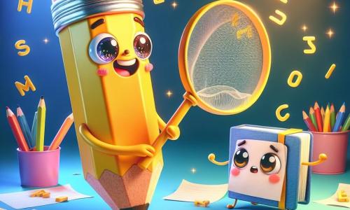 Ilustración que representa a un pequeño detective, un niño juguetón con un cuerpo de lápiz amarillo brillante, una goma de color rosa en su cabeza, ojos chispeantes de curiosidad y una amplia sonrisa. Está de pie, sosteniendo una gran hoja de papel en forma de red, listo para atrapar palabras que vuelan a su alrededor. A su lado, un pequeño cuaderno, un bloc de notas con una cubierta azul y páginas blancas, que parece preocupado pero decidido, con los ojos redondos fijos en las palabras que se escapan. Se inclina hacia adelante, como si intentara entender cómo ayudar a su amigo. El lugar principal es un escritorio colorido, lleno de útiles escolares: lápices, gomas, hojas de papel esparcidas y luces brillantes que iluminan el espacio, creando una atmósfera mágica y lúdica. En un rincón, palabras doradas flotan en el aire, como pequeñas mariposas, añadiendo un toque de fantasía a la escena. La situación principal muestra al pequeño detective y su amigo el cuaderno tratando de capturar palabras que se escapan, con una expresión de emoción en sus rostros, mientras las palabras bailan a su alrededor, creando una atmósfera de misterio y aventura. Otros elementos gráficos incluyen estrellas brillantes de fondo, burbujas de diálogo con palabras alegres y destellos de luz para acentuar la magia del momento.