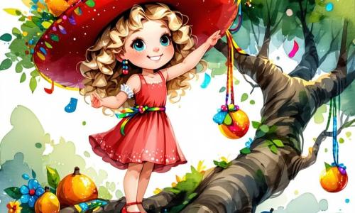 Una niña de 7 años, llamada Sofía, con hermosos cabellos rizados dorados que brillan al sol, lleva un gran sombrero de carnaval rojo decorado con brillantina. Tiene una sonrisa radiante y ojos llenos de emoción, mientras se sostiene en una rama de un gran árbol, extendiendo la mano hacia un sombrero colorido colgado en una rama más alta. A su lado, Tomás, un niño de 8 años con cabello castaño y brazos musculosos, la anima con una gran sonrisa mientras sostiene una cuerda. Lucía, una niña de 7 años con cabello negro trenzado y gafas redondas, está sentada en otra rama, dibujando un plan con un lápiz y un cuaderno, con los ojos brillantes de ideas creativas. El lugar es un parque soleado, lleno de vegetación, con un gran árbol de tronco grueso y ramas que se extienden como brazos acogedores. La escena principal muestra a Sofía, llena de determinación y alegría, tratando de atrapar el sombrero del abuelo Tadeo, mientras sus amigos la animan, creando una atmósfera de aventura y camaradería.